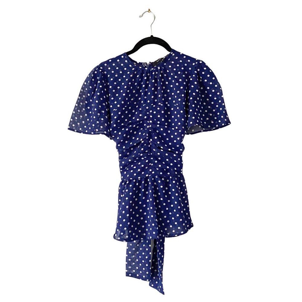 Walter Baker Navy & White Polka Dot Ruched Blouse with Bow (XS)